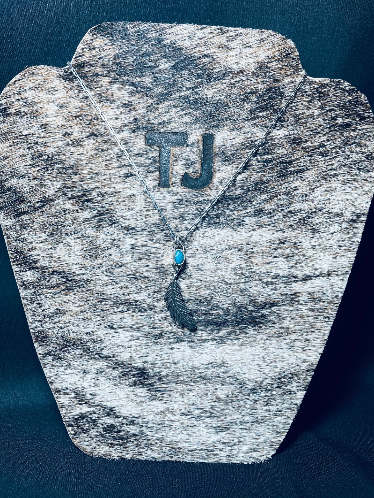 Turquoise and silver feather pendant on 18 inch Sterling chain