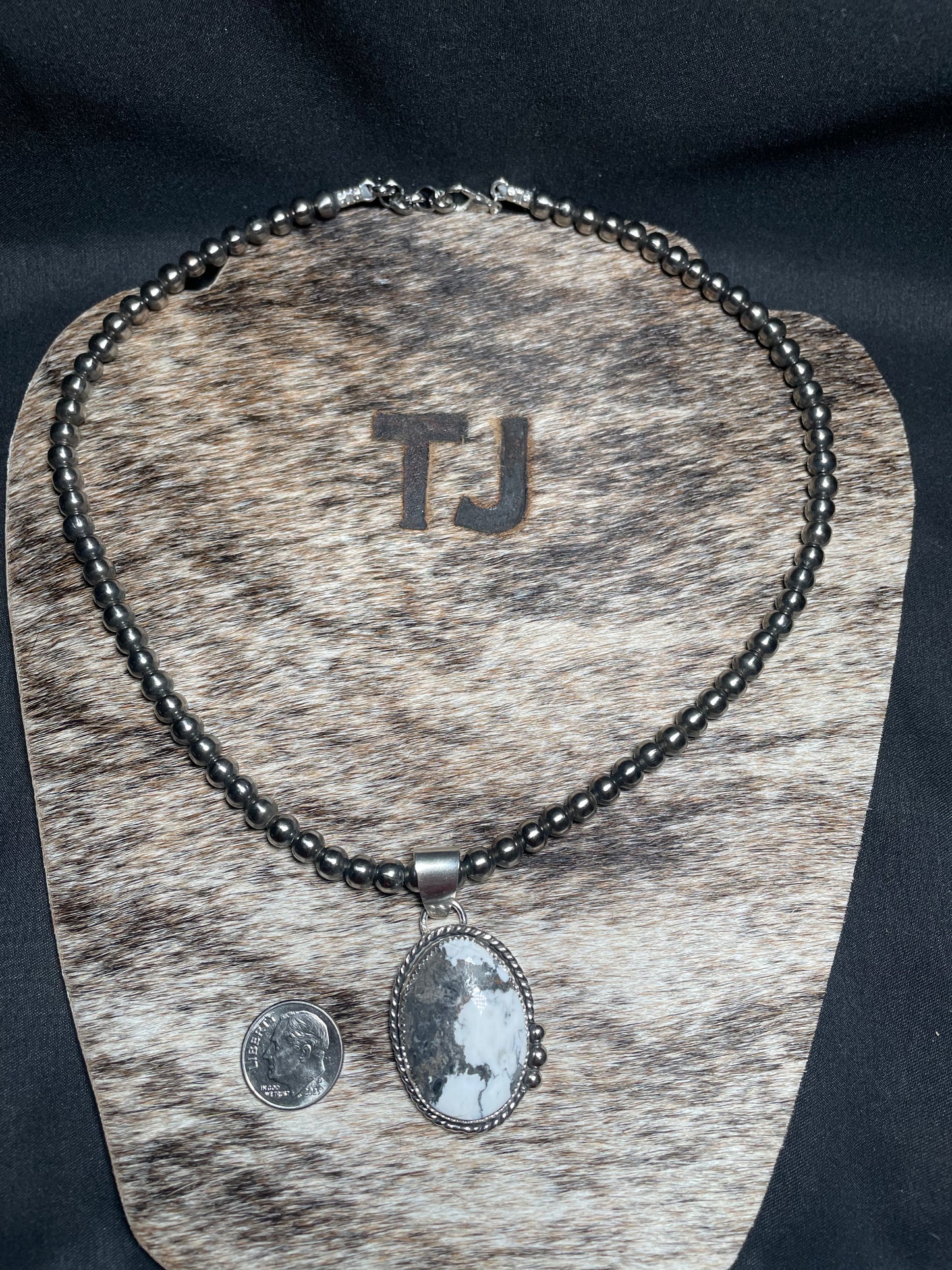Large White Buffalo pendant with silver BB's on 6 mm Navajo pearls