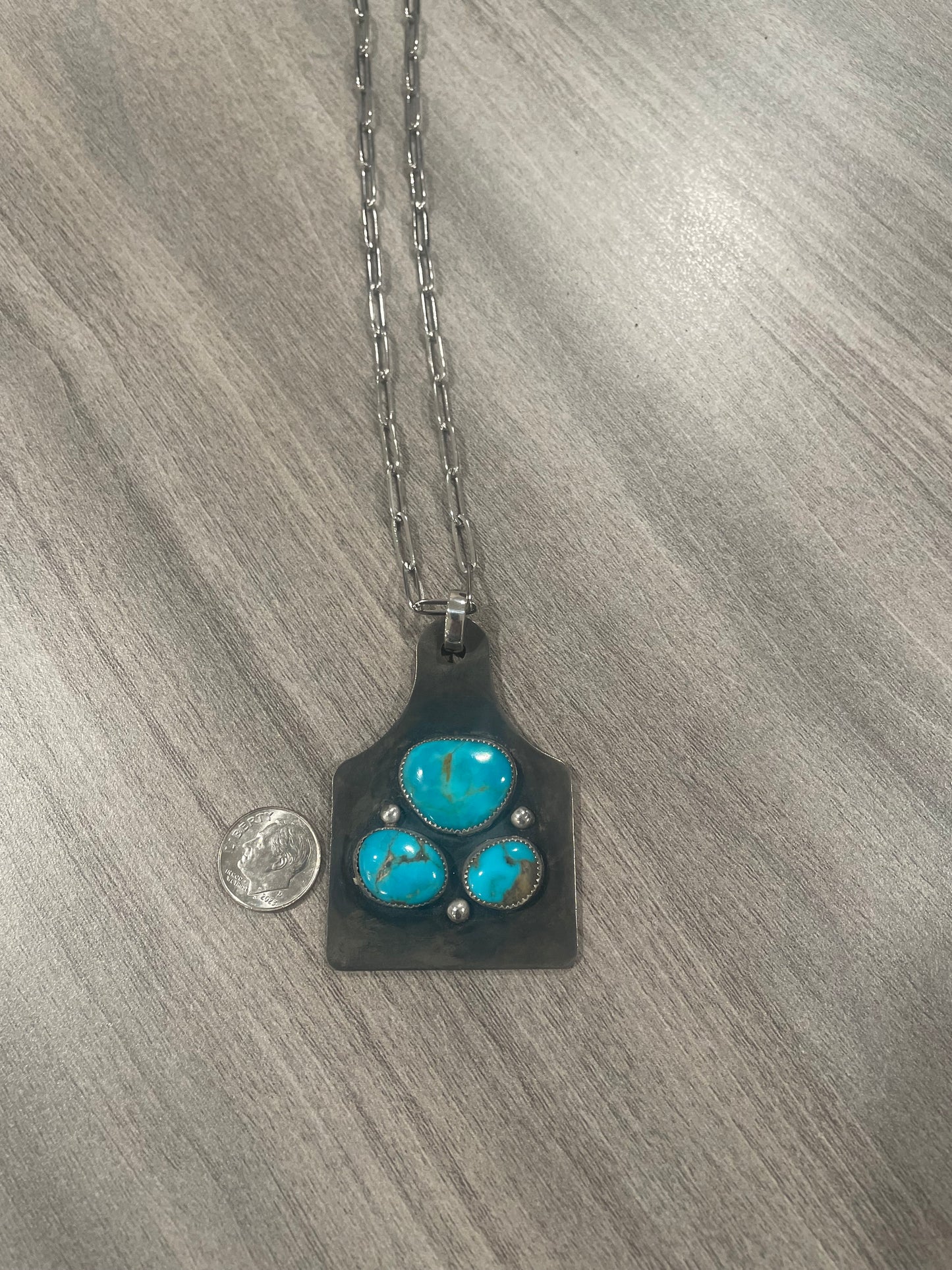 Ear tag pendant with Sonoran Turquoise stones on 18 inch paperclip chain (Deal of the week)