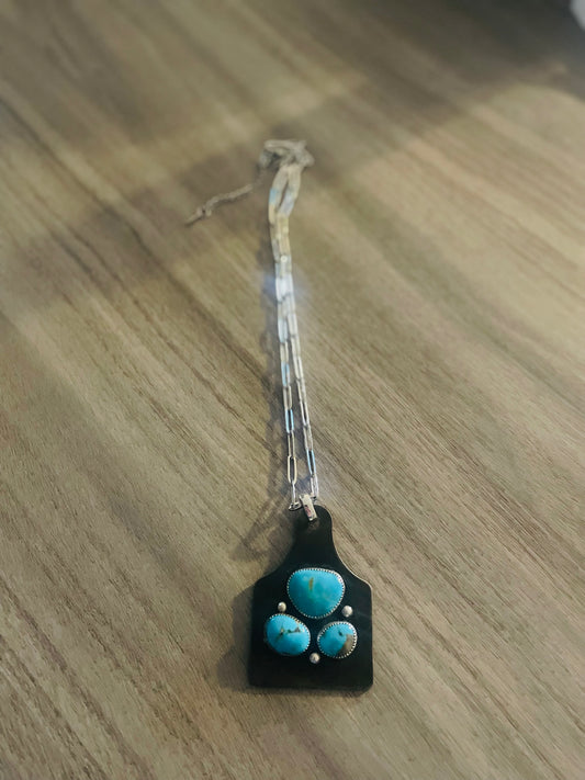Ear tag pendant with Sonoran Turquoise stones on 18 inch paperclip chain (Deal of the week)