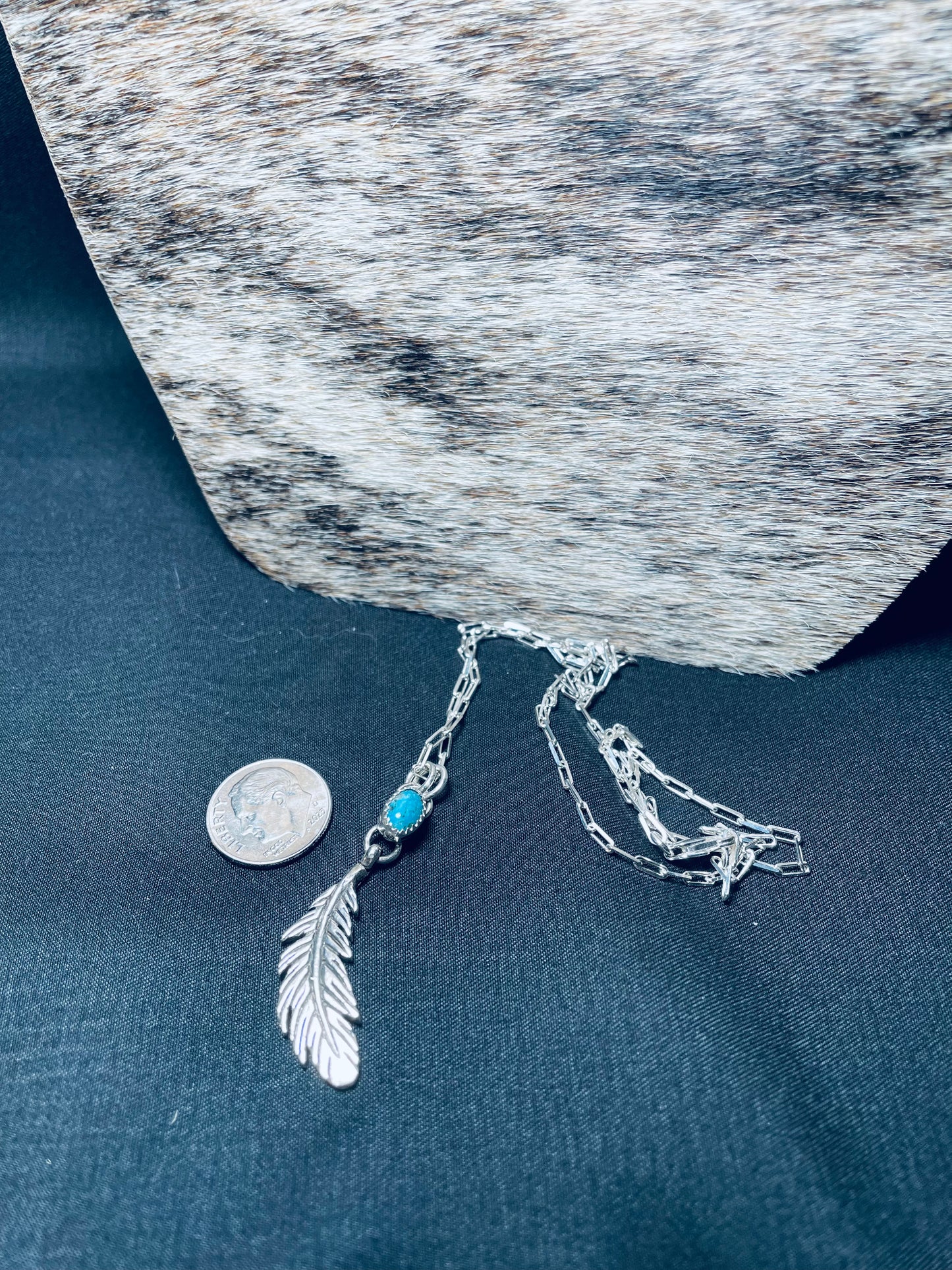 Turquoise and silver feather pendant on 18 inch Sterling chain