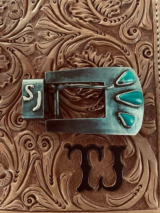 Custom 1 inch steel buckle and keeper with turquoise and silver