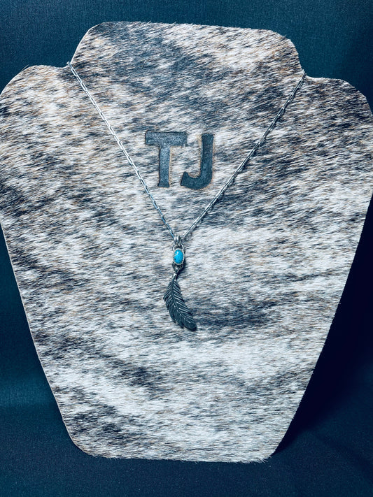 Turquoise and silver feather pendant on 18 inch Sterling chain