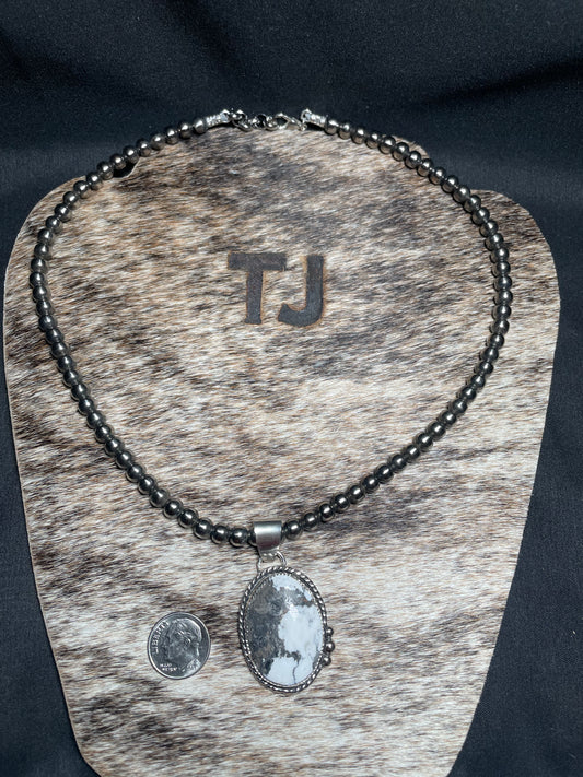 Large White Buffalo pendant with silver BB's on 6 mm Navajo pearls